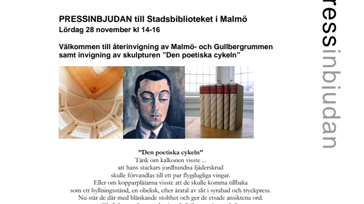 PRESSINBJUDAN till Stadsbiblioteket i Malmö: återinvigning av Malmö- och Gullbergrummen samt invigning av skulpturen ”Den poetiska cykeln”