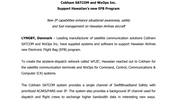 Cobham SATCOM: Cobham SATCOM and WxOps Inc.  Support Hawaiian’s new EFB Program