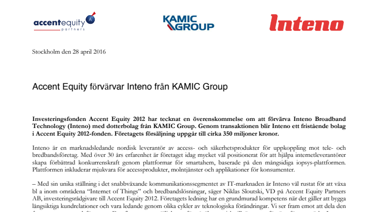 Accent Equity förvärvar Inteno från KAMIC Group