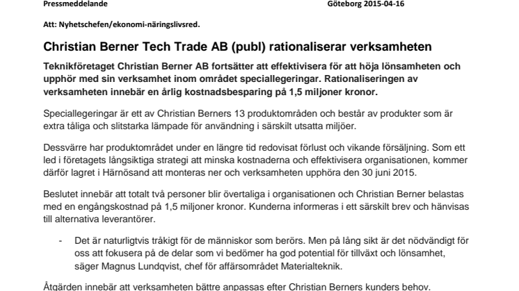 Christian Berner Tech Trade AB (publ) rationaliserar verksamheten