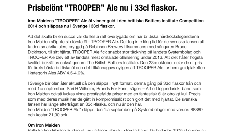 Prisbelönt "TROOPER” Ale nu i 33cl flaskor
