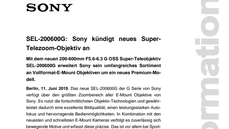 SEL-200600G: Sony kündigt neues Super- Telezoom-Objektiv an 
