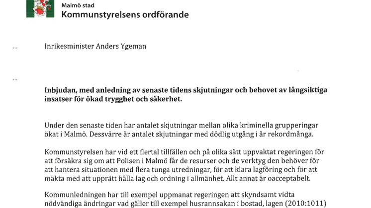 Brev med inbjudan till Anders Ygeman från Kommunstyrelsen i Malmö 