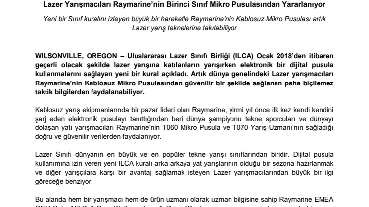 Raymarine: Lazer Yarışmacıları Raymarine’nin Birinci Sınıf Mikro Pusulasından Yararlanıyor