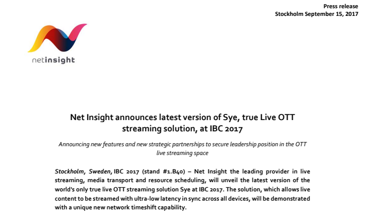 Net Insight announces latest version of Sye, true Live OTT streaming solution, at IBC 2017