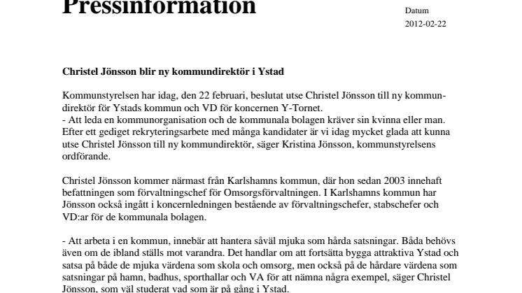 Christel Jönsson ny kommundirektör i Ystad