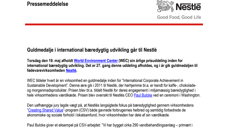 Guldmedalje i international bæredygtig udvikling går til Nestlé