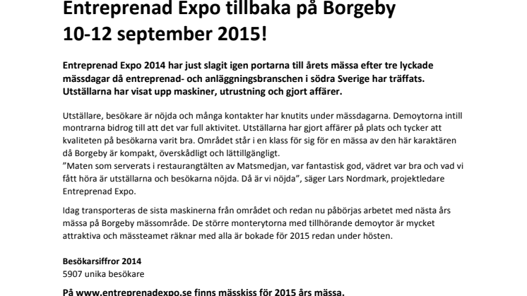 Entreprenad Expo tillbaka på Borgeby 10-12 september 2015!