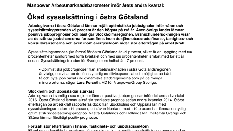 Ökad sysselsättning i östra Götaland