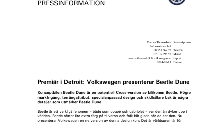 Premiär i Detroit: Volkswagen presenterar konceptbilen Beetle Dune