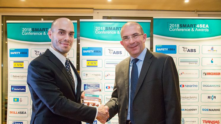 From left: Antonis Souras, Ship Registrar at Palau International Ship Registry presenting ChartCo’s CCO, Howard Stevens with the 2018 SMART4SEA E-Navigation Award