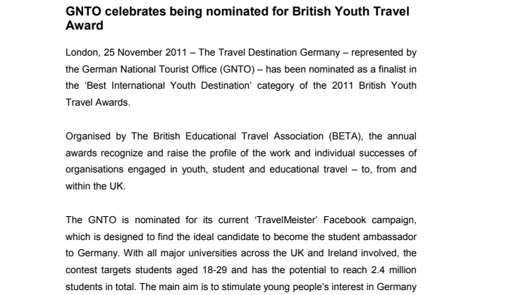 GNTO celebrates being nominated for British Youth Travel Award