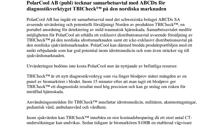 PolarCool AB (publ) tecknar samarbetsavtal med ABCDx för diagnostikverktyget TBICheck™ på den nordiska marknaden