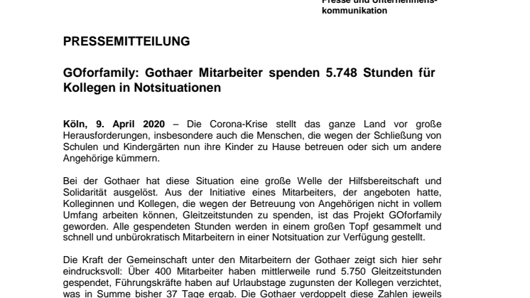 GOforfamily: Gothaer Mitarbeiter spenden 5.748 Stunden für Kollegen in Notsituationen