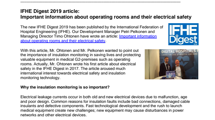 IFHE Digest 2019 article: Important information about operating rooms and their electrical safety