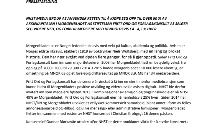 NHST Media Group øker eierandelen i Morgenbladet