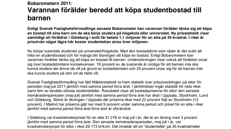 Bobarometern: Varannan förälder beredd att köpa studentbostad till barnen och priset på ettor stiger i Göteborg
