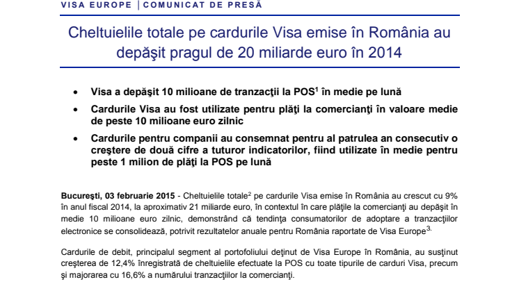 Cheltuielile totale pe cardurile Visa emise în România au depăşit pragul de 20 miliarde euro în 2014