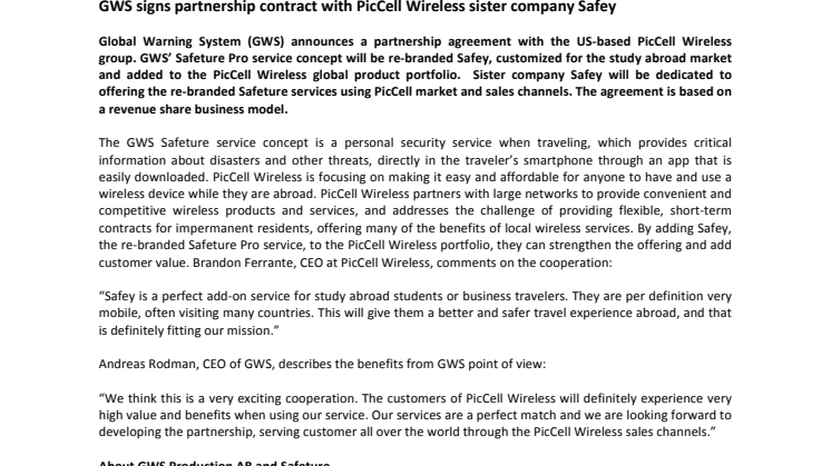 GWS signs partnership contract with PicCell Wireless sister company Safey