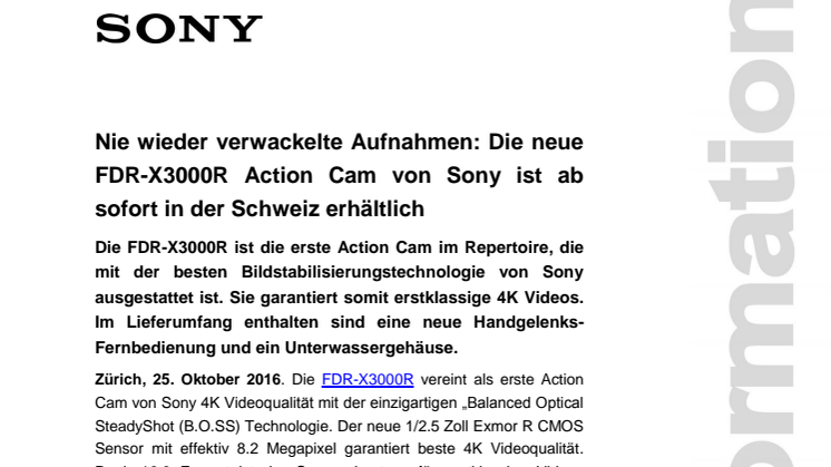 ​Nie wieder verwackelte Aufnahmen: Die neue FDR-X3000R Action Cam von Sony ist ab sofort in der Schweiz erhältlich