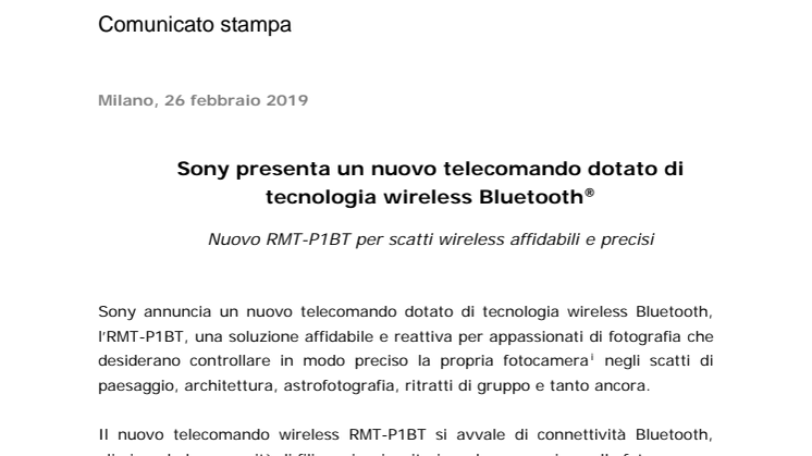 Sony presenta un nuovo telecomando dotato di tecnologia wireless Bluetooth® 