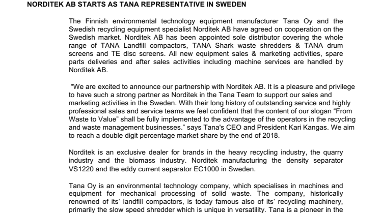 NORDITEK AB STARTS AS TANA REPRESENTATIVE IN SWEDEN