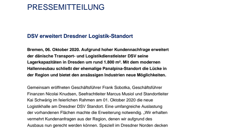 PM: DSV erweitert Dresdner Logistik-Standort