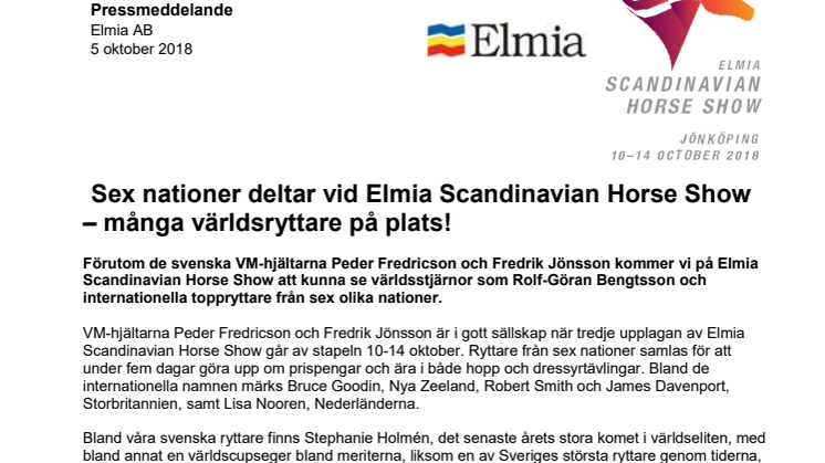 Sex nationer deltar vid Elmia Scandinavian Horse Show – många världsryttare på plats!