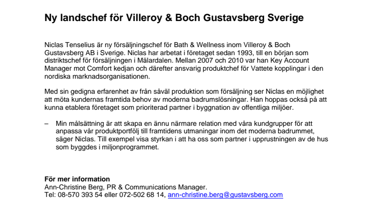 Ny landschef för Villeroy & Boch Gustavsberg Sverige