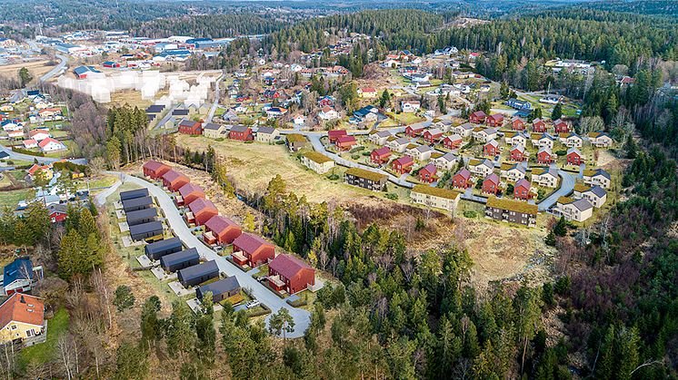 Översiktsskiss av området av Liljewall Arkitekter. OBOS första etapp, Brf Björrödsbäcken, syns längs ner till vänster i bild. Övriga etapper från OBOS illustreras i färgat till höger i bild. De skuggade husen längst bort i bild utgör BoKloks del.