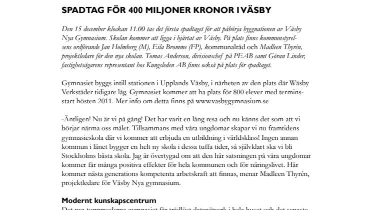 Pressinbjudan: Spadtag för 400 miljoner kronor i Väsby
