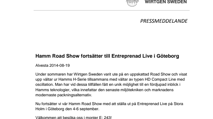 Hamm Road Show fortsätter till Entreprenad Live i Göteborg