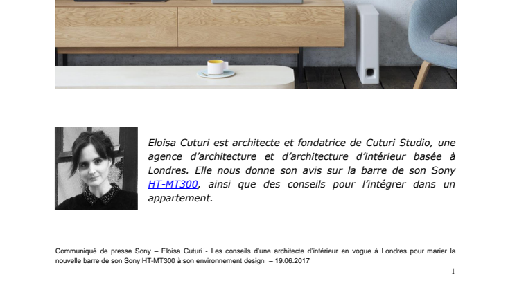 Eloisa Cuturi - Les conseils d’une architecte d’intérieur en vogue à Londres pour marier la nouvelle barre de son Sony HT-MT300 à son environnement design