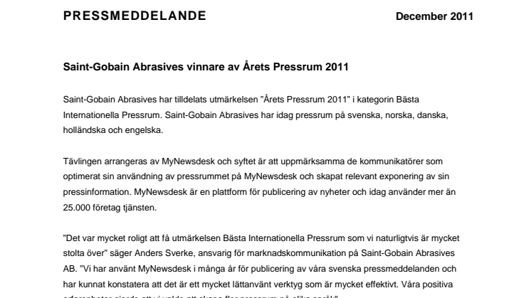 Saint-Gobain Abrasives vinnare av Årets Pressrum 2011