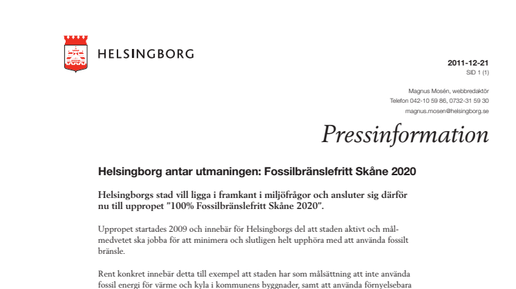 Helsingborg antar utmaningen: Fossilbränslefritt Skåne 2020