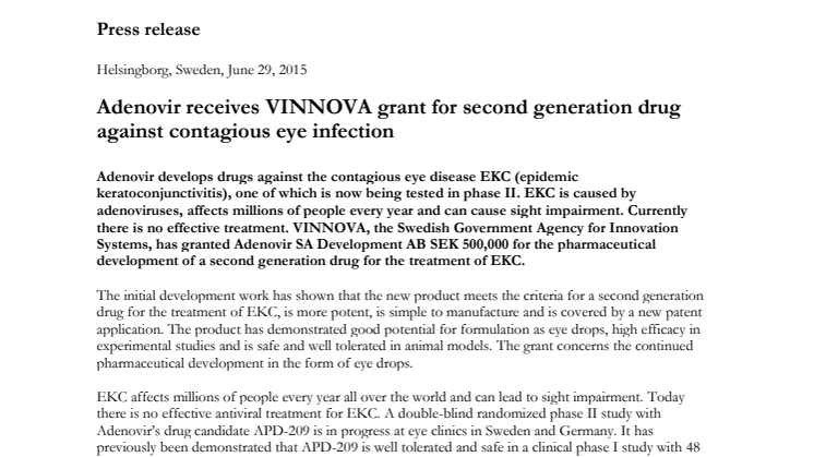 Adenovir receives VINNOVA grant for second generation drug against contagious eye infection