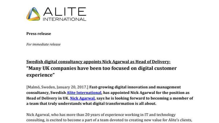 Swedish digital consultancy appoints Nick Agarwal as Head of Delivery: “Many UK companies have been too focused on digital customer experience”