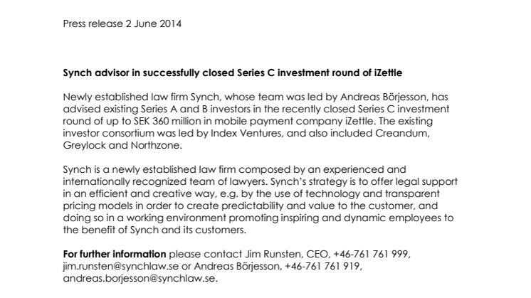 Synch advisor in successfully closed Series C investment round of iZettle