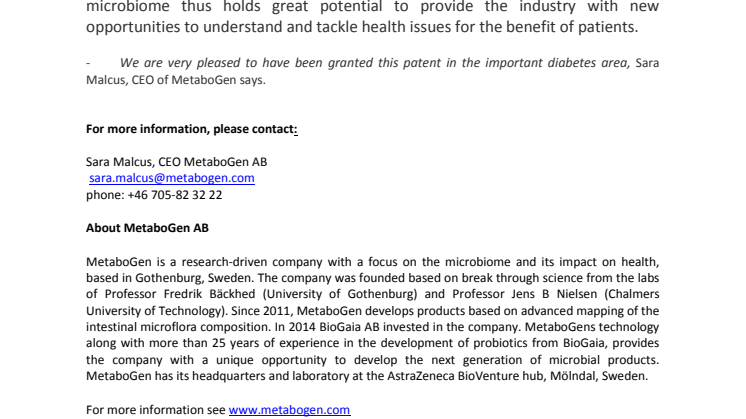 MetaboGen is granted US diabetes patent 