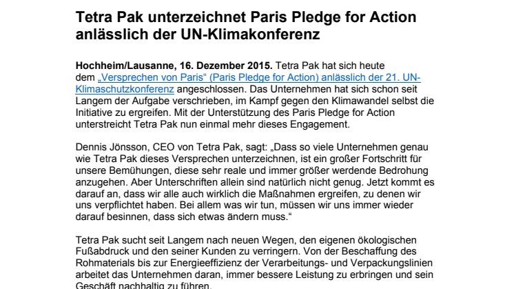 Tetra Pak unterzeichnet Paris Pledge for Action anlässlich der UN-Klimakonferenz