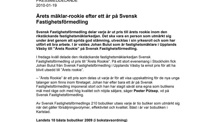 Årets mäklar-rookie efter ett år på Svensk Fastighetsförmedling