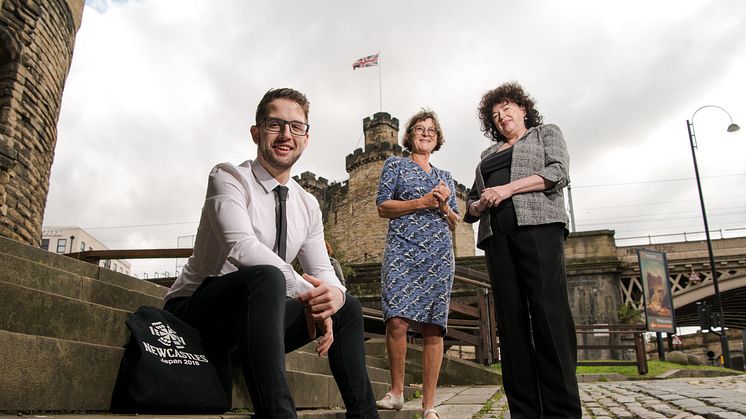 Northumbria University student Christopher Brownhill pictured with Caroline Theobald CBE and Zélie Guérin.