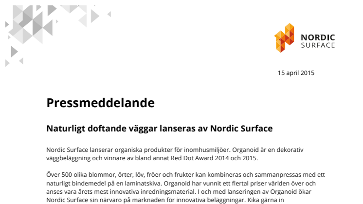 Naturligt doftande väggar lanseras av Nordic Surface