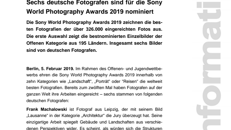 Sechs deutsche Fotografen sind für die Sony World Photography Awards 2019 nominiert