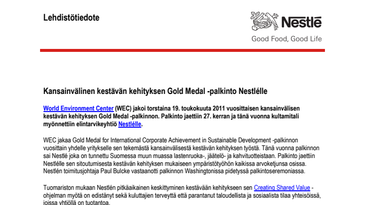 Kansainvälinen kestävän kehityksen Gold Medal -palkinto Nestlélle