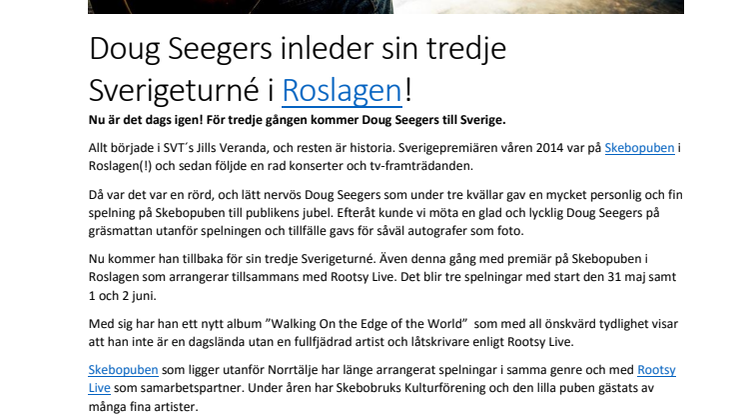 ​Doug Seegers inleder sin tredje Sverigeturné i Roslagen!