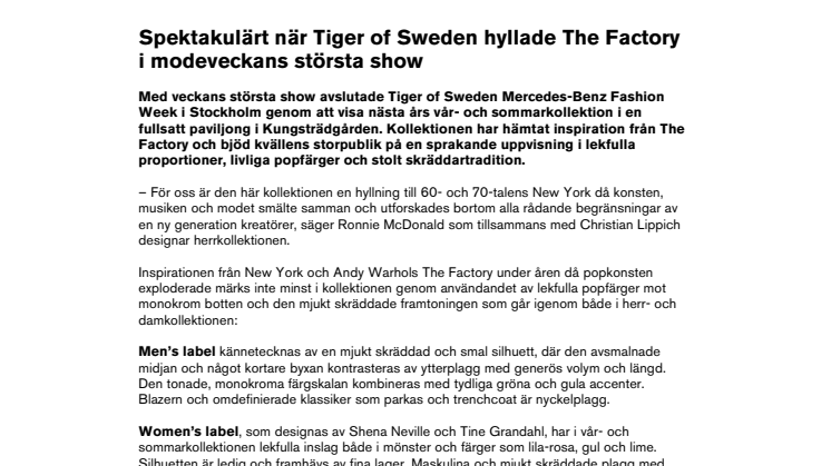 Spektakulärt när Tiger of Sweden hyllade The Factory i modeveckans största show 