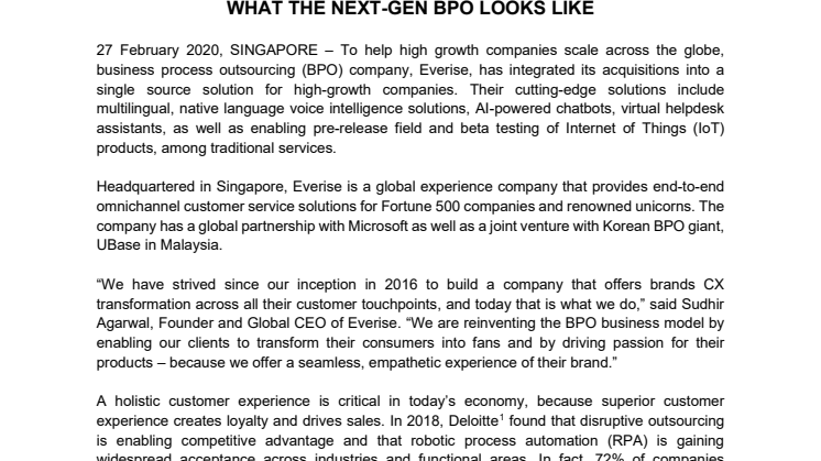 27 Feb 2020 [Press Release] Everise - the Next Generation BPO 