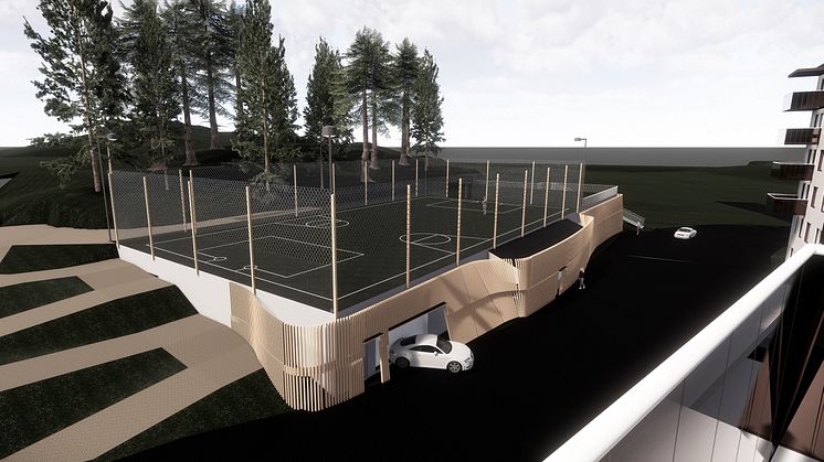 Bollgaraget i Ursvik har parkering i tre plan och en bollplan och en aktivitetsyta på taket. Bild: Lindberg Stenberg Arkitekter AB