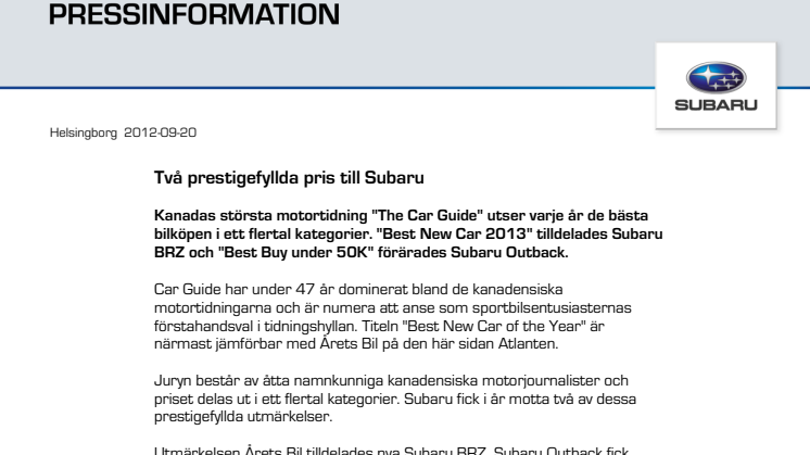 Två prestigefyllda pris till Subaru
